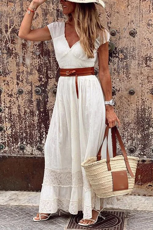 Indira - Lace V Neck Short Sleeve Maxi Dress